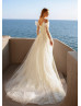 Beaded Ivory Lace Tulle Shiny Wedding Dress With Detachable Sleeves